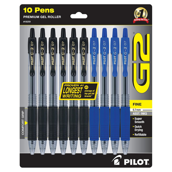 PILOT G2 Premium Refillable & Retractable Rolling Ball Gel Pens, 0.7mm Fine Point, 6 Black And 4 Blue Pens (10 Pack)