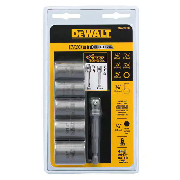 6-Piece Dewalt Max Impact 3/8" Carbon Steel Drive Socket Set W/Adapter