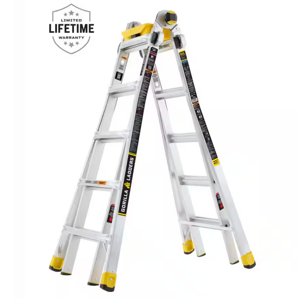 Gorilla 22 Ft. Reach Aluminum Multi-Position Ladder W/ Project Bucket, Tool Hangers