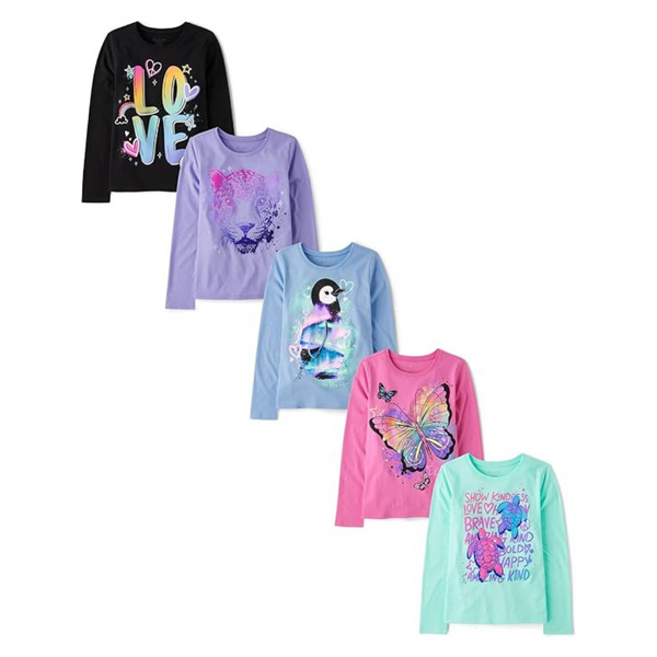 5-Pack The Children's Place Girls' Dino Long Sleeve Graphic T-Shirts