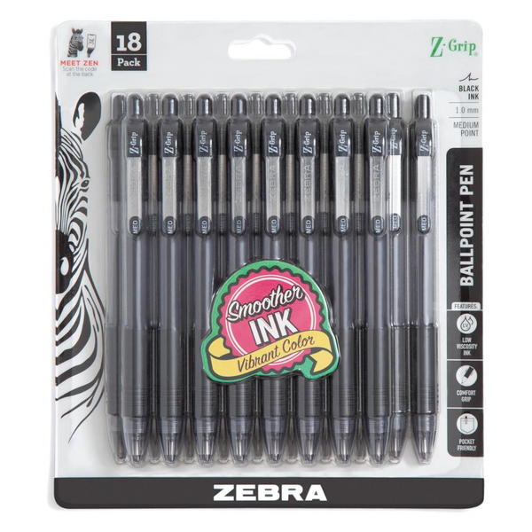 Zebra Pen Z-Grip Retractable Ballpoint Pens, Medium Point, Black Ink (18-Pack)