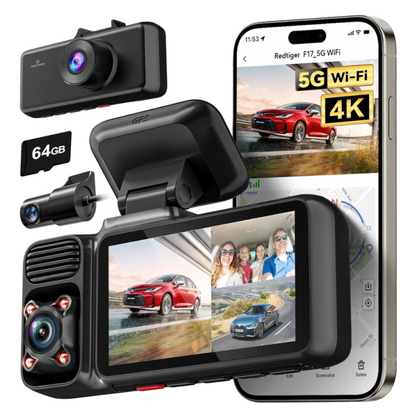 4K 3 Channel Front And Rear And Inside Wi-Fi Dash Cam With 64GB Card