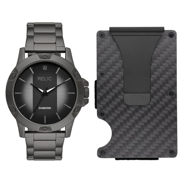 Relic By Fossil Men’s Rylan Three-Hand Gunmetal Watch And Black Metal Card Case Gift Set