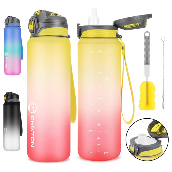 Phixton Leak Proof Sports Water Bottle With Time Maker, 32 Oz