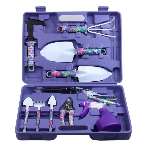 10-Pieces Gardening Tool Set with Purple Floral Print
