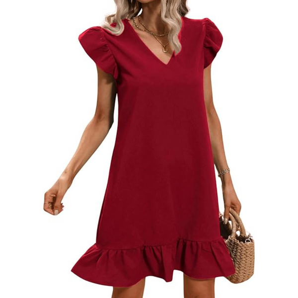 Women's Casual V Neck Sleeveless Short Dress (Red)
