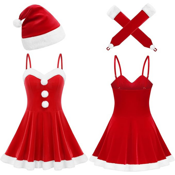 Women's Santa Clause Swing Christmas Dress with Xmas Gloves & Hat