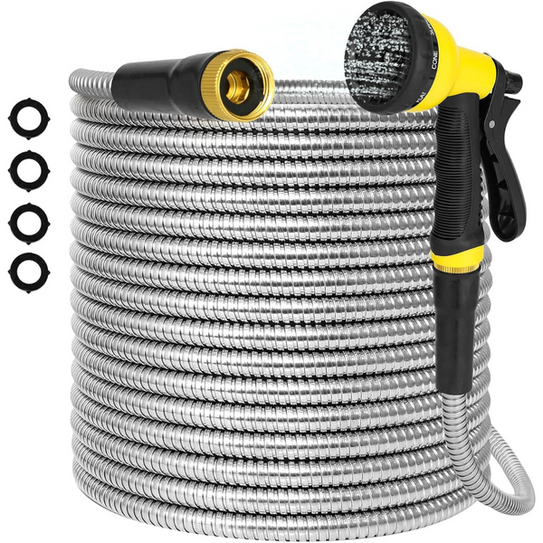 25ft Amoox Stainless Steel Metal Garden Water Hose with Nozzles