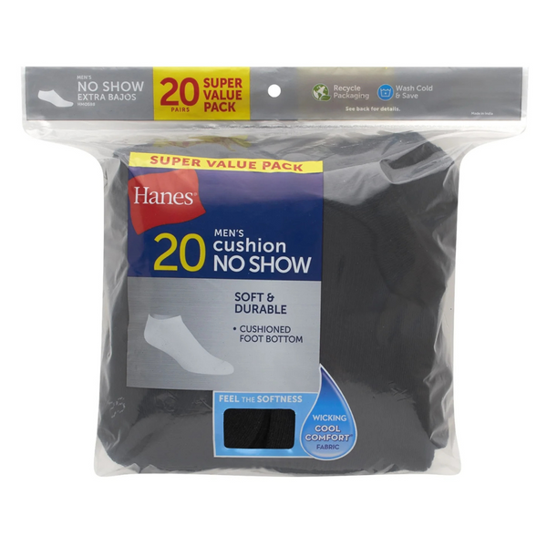 20-Pairs Hanes Men's Moisture-Wicking No-Show Socks (Sizes 6-12)