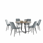 East Urban Home Vyshonne Industrial Wood Effect Round Dining Table Set With 6 Upholstered Velvet Dining Chairs