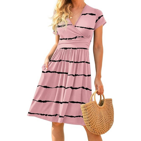 Women's Summer Casual V-Neck Short Sleeve Flowy Dress