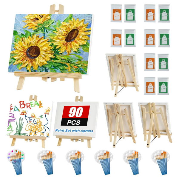 90 Pcs Painting Supplies Kit (6 Easels + 6 Canvases + 6 x 10 Brushes + 12 Aprons + 6 Palettes)