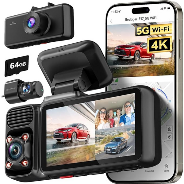 4K 3 Channel Front and Rear and Inside Wi-Fi Dash Cam with 64GB Card