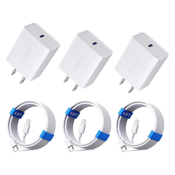 3-Pack MFi Certified 20W PD USB-C Wall Charger Adapter W/ 6.6ft Cables