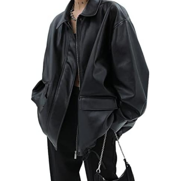 Women's Vintage Faux Leather Long Sleeve Casual Blazer
