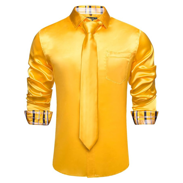 Men's Yellow Satin Long Sleeve Dress Shirt
