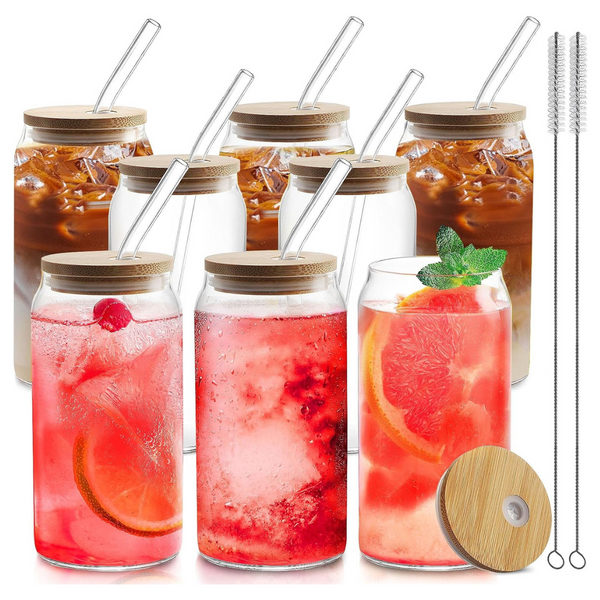 8 Pack Glass Cups With Bamboo Lids And Straws
