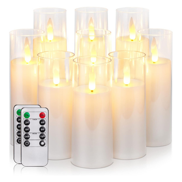 Set Of 9 Pure White Acrylic Flameless LED Candles W/ Remote & Timer
