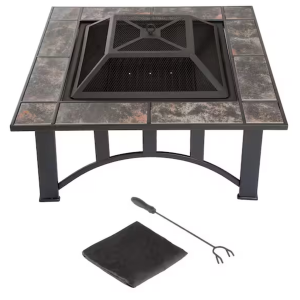 33" Square Steel Tile Fire Pit With Cover