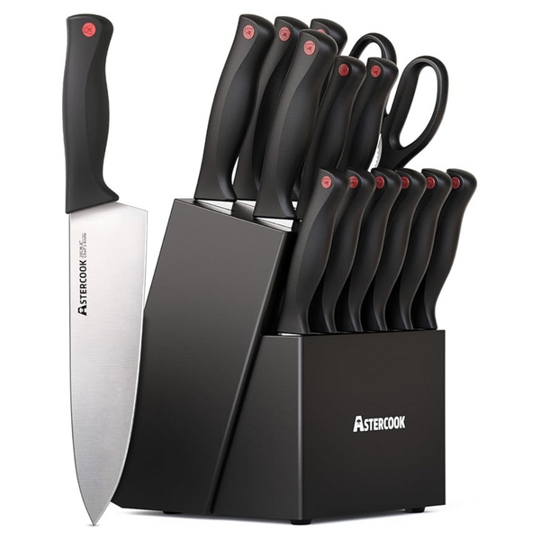 Astercook 15 Pieces High Carbon German Stainless Steel Kitchen Knives Block Set With Built-In Sharpener
