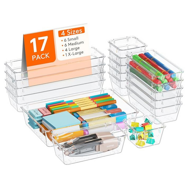 17-Piece Lifewit 4 Sizes Clear Plastic Desk Drawer Storage Organizer Bins