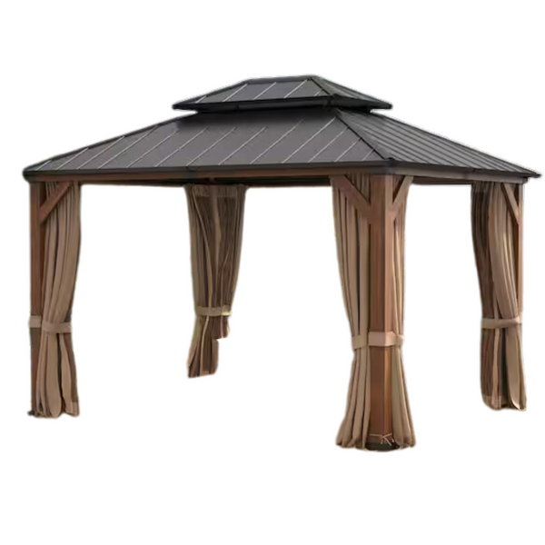 LUE BONA 10 Ft x 12 Ft Brown Wood Grain Aluminum Hardtop Pavilion Gazebo