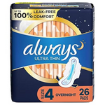 26-Count Always Ultra Thin Overnight Pads wWth Wings