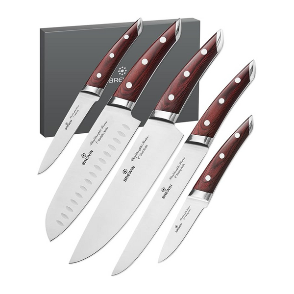 5-Piece Elegant Red Pakkawood Handle Ergonomic Design Chef Knife Set