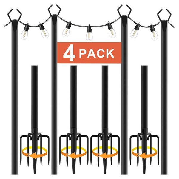4-Pack 10Ft Outdoor String Light Poles W/ Fence Brackets Hanging Lights