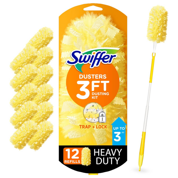 Swiffer Duster Heavy Duty Dusting Kit, 3 Ft Extended Handle, 1 Duster, 12 Refills
