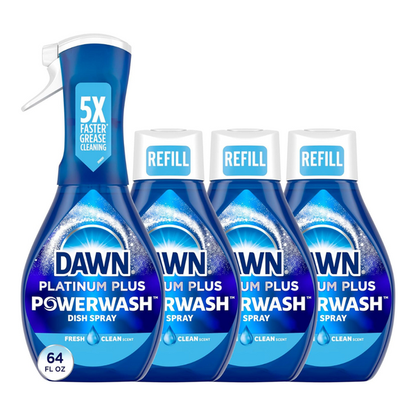 Dawn Platinum Powerwash Dish Spray, Dish Soap Liquid, Fresh Scent Bundle, 1 Spray (16oz) + 3 Refills (16oz each)