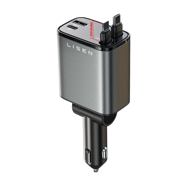 Lisen 4-in-1 69W Retractable Apple Lightning & USB-C Cable Car Charger