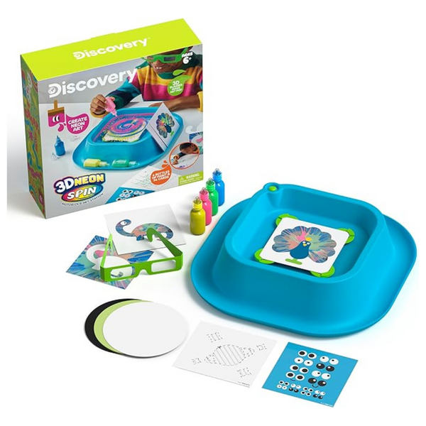 Discovery 3D Neon Spin Motorized Art Station – Includes Spin Art Machine, 3D Glasses, Neon Paints, Templates