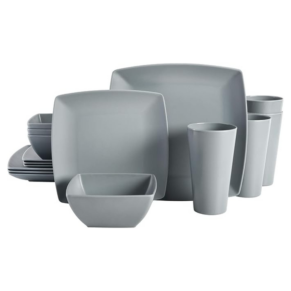 Gibson Home Soho Grayson Square Melamine Plastic Dinnerware Set, Service For Four (16pcs)