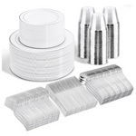 WELLIFE 300 Pcs Premium Silver Elegant Plastic Dinnerware Set For 50 Guests