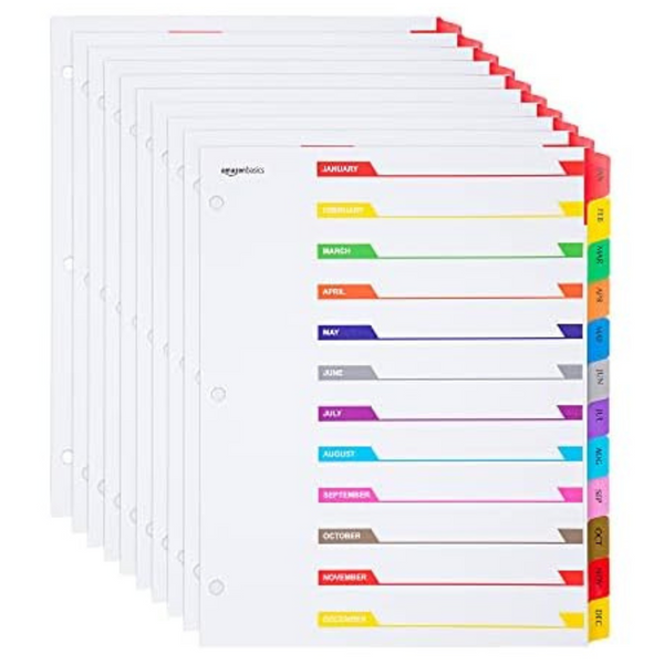 10-Pack Amazon Basics Ready Index Monthly Paper Tab Dividers, 12-Tab