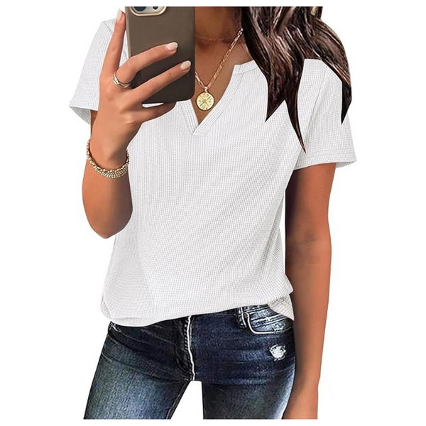 Caracilia Women's V Neck Waffle Knit Short Sleeve Casual T Shirts