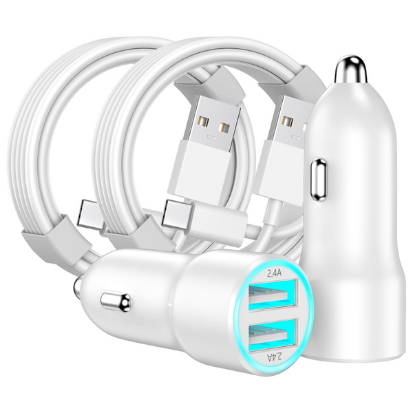 2-Pack 4.8A Dual USB Car Charger W/ 2 USB-A To USB-C Cables