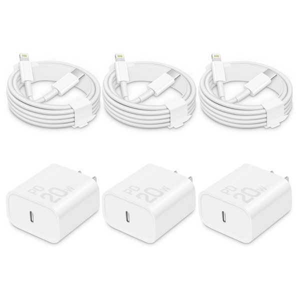 3-Pack 20W USB-C Wall Charger Cube With 6ft Cables