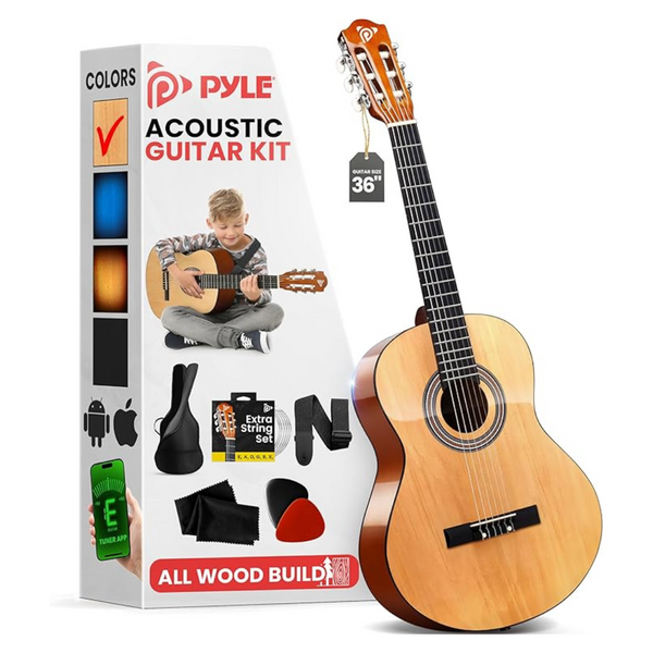 Pyle 36" Natural Wood Gloss Beginner Acoustic Guitar Kit