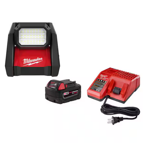 Milwaukee M18 9.69 In. 1-Light 80 W LED Work Light + Milwaukee M18 18-Volt Lithium-Ion XC Starter Kit