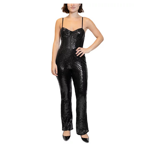 Almost Famous Crave Fame Juniors' Bustier Flare-Leg Sequin Jumpsuit