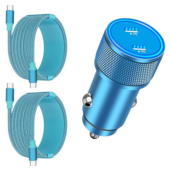 90W Dual USB-C Car Charger W/ 2-Pack Type-C Braided Cable