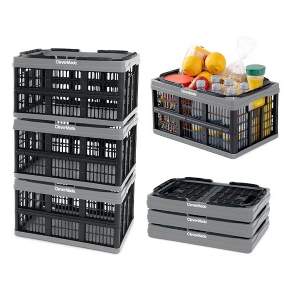 3-Pack CleverMade Reusable Plastic Grocery Shopping Baskets (Stone)