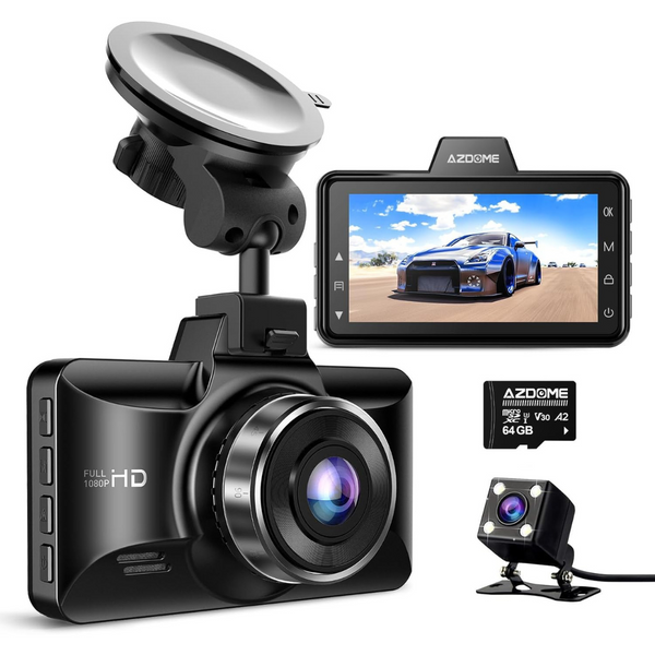 1080P FHD Front and Rear Dual Dash Cam with Screen & 64 GB Card