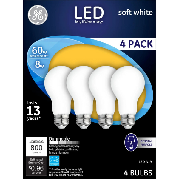 4-Pack G E Lighting 800-Lumen, 8W Dimmable A19 LED Light Bulb