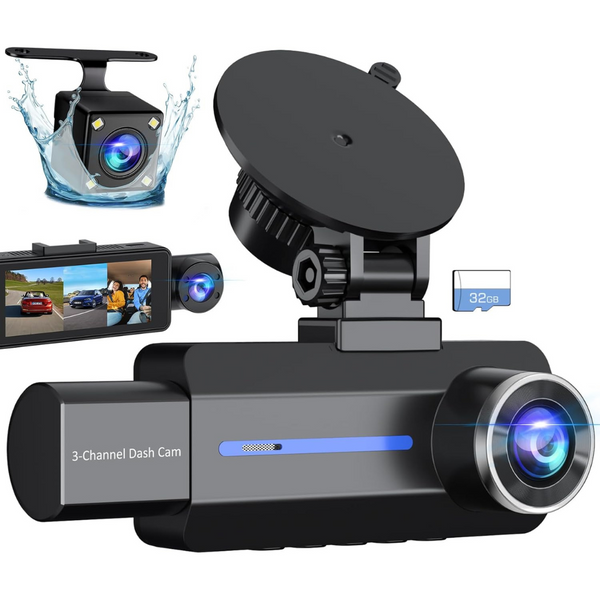 Baeasu 3 Channel 2.5K 1440P Dash Cam with 32GB Card