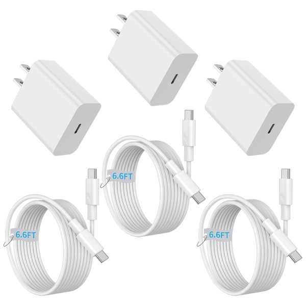 3-Pack 20W PD USB-C Fast Wall Charger Adapter With 6.6 ft Cables