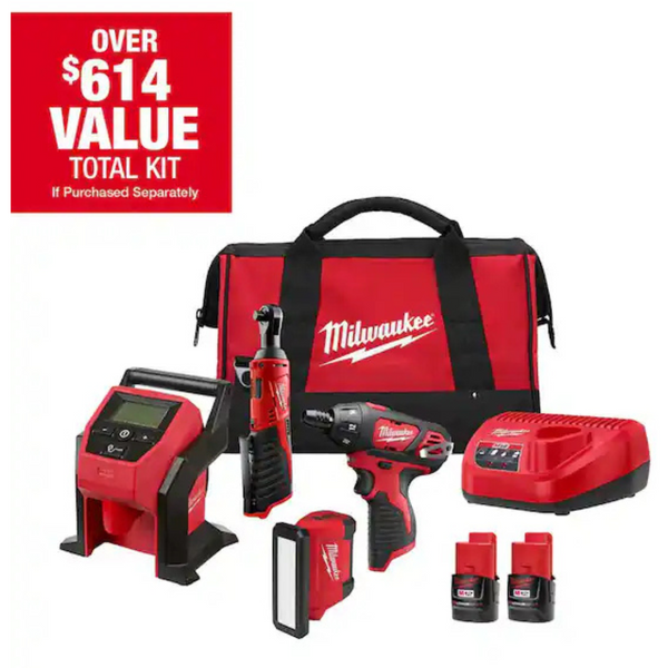 Milwaukee M12 12V Lithium-Ion Cordless Combo Kit (4-Tool) With Two 2.0Ah Batteries, Charger & Tool Bag