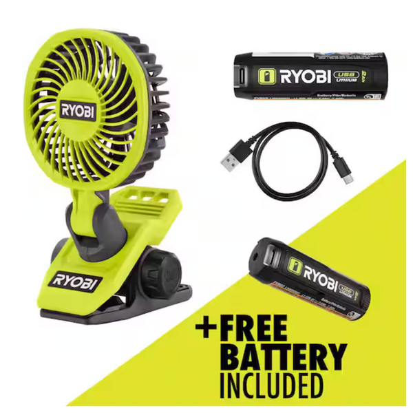 Ryobi USB Lithium Clamp Fan Kit W/Lithium 2.0 Ah Rechargeable Battery